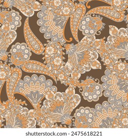 Gorgeous paisley seamless vector pattern with fantastic flowers and leaves. Bohemian textile print inspired by batik. Vintage style