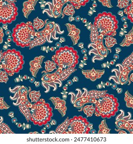 Wunderschöne Paisley nahtlose Vektorgrafik Muster mit fantastischen Blüten und Blättern. Böhmischer Textildruck inspiriert von Batik. Klassischer Stil