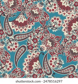 Gorgeous paisley seamless vector pattern with fantastic flowers and leaves. Bohemian textile print inspired by batik. Vintage style