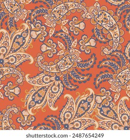 Gorgeous paisley seamless vector pattern with fantastic flowers and leaves. Bohemian textile print inspired by batik. Vintage style