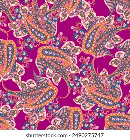 Gorgeous paisley seamless vector pattern with fantastic flowers and leaves. Bohemian textile print inspired by batik. Vintage style
