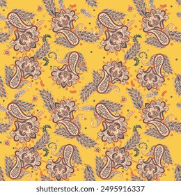 Gorgeous paisley seamless vector pattern with fantastic flowers and leaves. Bohemian textile print inspired by batik. Vintage style