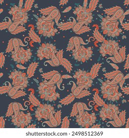 Gorgeous paisley seamless vector pattern with fantastic flowers and leaves. Bohemian textile print inspired by batik. Vintage style