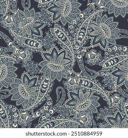 Precioso patrón de Vector sin costuras paisley con fantásticas flores y hojas. Estampado textil bohemio inspirado en el batik. Estilo Antiguas
