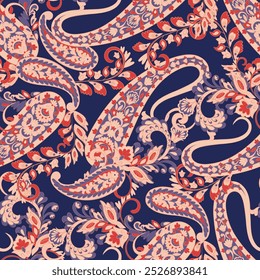 Lindo paisley sem emenda vetor padrão com flores fantásticas e folhas. Impressão têxtil boêmia inspirada em batik. Estilo vintage