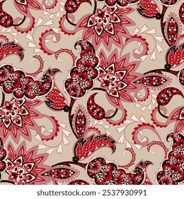 Lindo paisley sem emenda vetor padrão com flores fantásticas e folhas. Impressão têxtil boêmia inspirada em batik. Estilo vintage