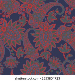 Gorgeous paisley seamless vector pattern with fantastic flowers and leaves. Bohemian textile print inspired by batik. Vintage style