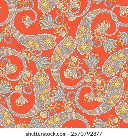 Gorgeous paisley seamless vector pattern with fantastic flowers and leaves. Bohemian textile print inspired by batik. Vintage style
