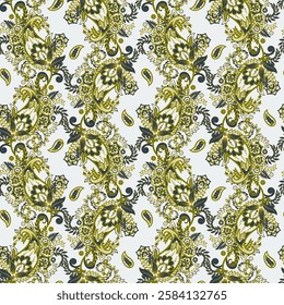 Gorgeous paisley seamless vector pattern with fantastic flowers and leaves. Bohemian textile print inspired by batik. Vintage style