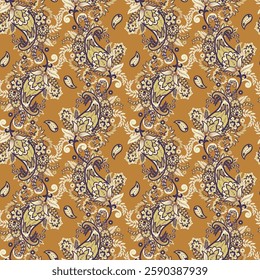 Gorgeous paisley seamless vector pattern with fantastic flowers and leaves. Bohemian textile print inspired by batik. Vintage style