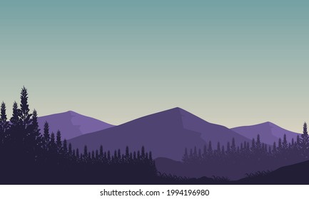 Gorgeous panoramic views of the mountains in the morning from the outskirts of the city with the silhouettes of pine trees around it. Vector illustration of a city