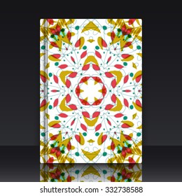 Gorgeous patchwork pattern. Colorful floral ornament tiles.  EPS 10 vector illustration with mockup of title sheet or book cover. Can be used as background for web of applications.