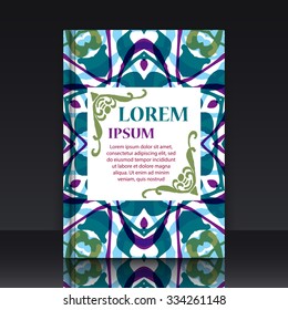 Gorgeous patchwork pattern. Colorful floral ornament tiles.  EPS 10 vector illustration with mockup of title sheet or book cover. Can be used as background for web of applications.