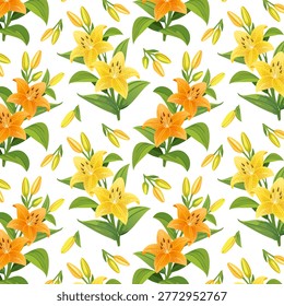A gorgeous pattern of yellow and orange lilies.Vector seamless pattern with bouquets of yellow and orange lilies on a white background.