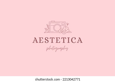 Gorgeous photo camera lens blossom botanical beauty blog line art emblem vector illustration. Romantic spring bloom natural plant feminine decorative design with place for text brand id template