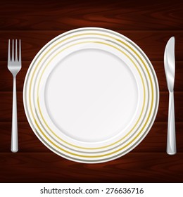 Gorgeous plate with golden ornament on the table with fork and knife. Vector image can be used for food menu or posters design, web or other crafts.