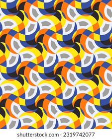 Herrliches, mehrfarbiges, nahtloses Muster. Kunstformen werden in einer bestimmten Reihenfolge gruppiert und angeordnet. Vektorbild für Druck, Textilien, Verpackungen, Innenarchitektur und Ihre anderen Projekte.
