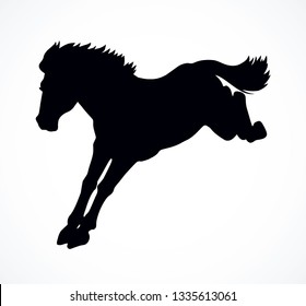 Gorgeous pride courser with long tail smartly rearing up on white ranch paddock. Dark ink hand drawn andalusian hoss emblem logotype pictogram in retro art engraved print style on paper space for text
