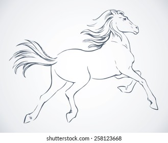 Gorgeous pride white courser with long tail smartly jumps on ranch paddock. Vector monochrome freehand ink drawn background sketchy in art scribble antiquity style pen on paper with space for text