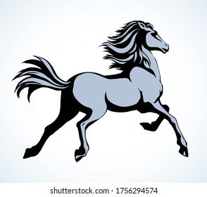 Gorgeous pride white courser smartly rear up on ranch race paddock. Freehand outline black ink pen hand drawn andalusian ride beast logo emblem pictogram design. Art doodle retro paper cartoon style