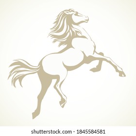 Gorgeous pride white courser smartly rear up on ranch race paddock. Freehand outline black ink pen hand drawn andalusian ride beast logo emblem pictogram design. Art doodle retro paper cartoon style