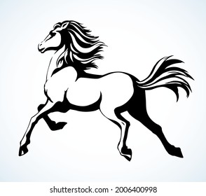 Gorgeous pride white courser smartly rear up on ranch race paddock. Freehand outline black ink pen hand drawn andalusian ride beast logo emblem pictogram design. Art doodle retro paper cartoon style