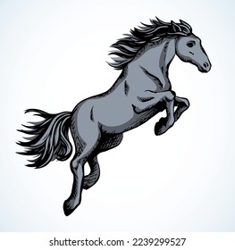 Gorgeous pride white courser smartly rear up on ranch race paddock. Freehand outline black ink pen hand drawn andalusian ride beast logo emblem pictogram design. Art doodle retro paper cartoon style