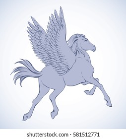 Gorgeous pride white Pegasus with long tail and outspread large wings. Monochrome freehand ink hand drawn background sketchy in art scribble antiquity style pen on paper with space for text