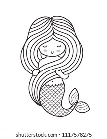Gorgeous princess mermaid, holding her hair. Outline graphic illustration.