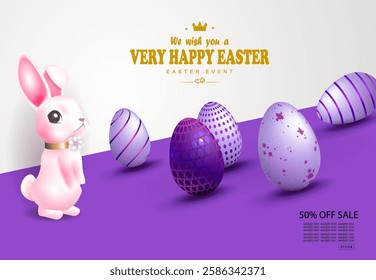 Gorgeous purple illustration with Easter eggs and a pink bunny