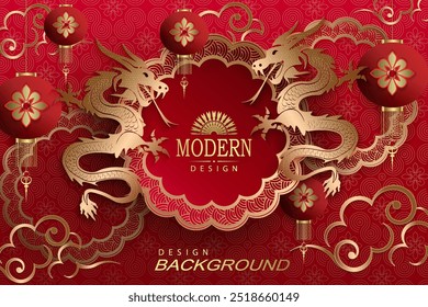 Gorgeous red background with a round frame and golden dragons.