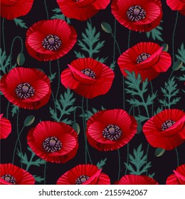 Gorgeous red poppies flowers pattern. Summer vector illustration for print  textile, fabric, wrapping paper.