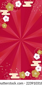 A gorgeous red radiation background with a congratulatory Japanese pattern frame and confetti