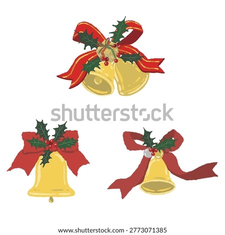 Gorgeous red ribbon bell 3 pieces illustration set transparent background