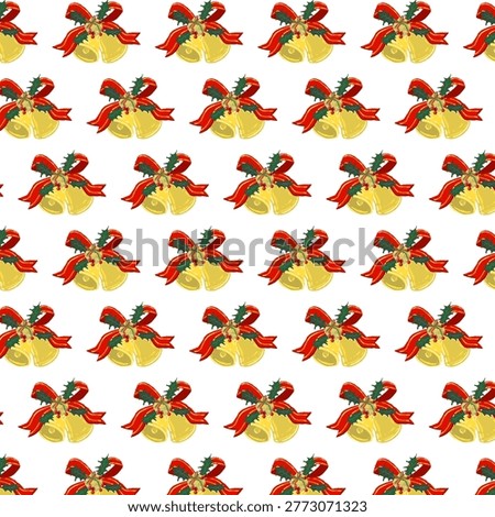 Gorgeous red ribbon two bells and holly diagonal seamless pattern transparent
