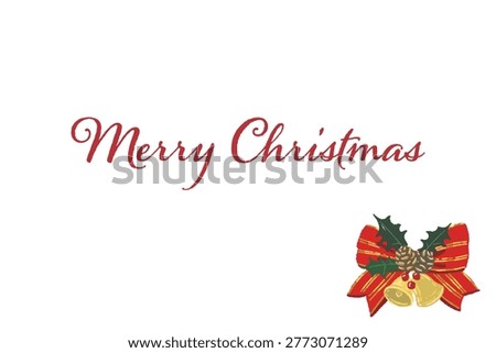 Gorgeous red striped ribbon and simple bell corner decoration landscape Christmas card
