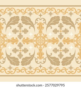 Gorgeous Rich Baroque Shades of Gold Scroll Ornament Stripe Border Decoration on Light Beige Background. Deluxe Chinoiserie Embroidery Silk Weaves with Delicate Neatly Arranged Haute Couture Pattern.