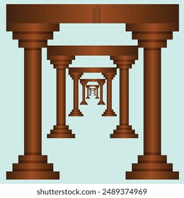 Gorgeous Roman corridor with columns and a glowing heavenly light at the end. Brown color corridor isolated on light blue background. EPS vector illustration.