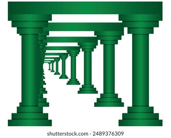 Gorgeous Roman corridor with columns and a glowing heavenly light at the end. Corridor with green color isolated on white background. Right side view. EPS vector illustration.