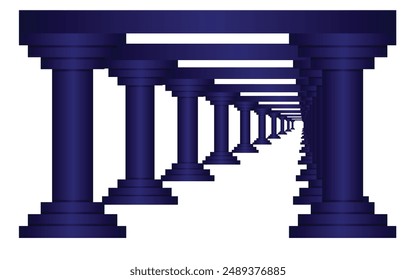 Gorgeous Roman corridor with columns and a glowing heavenly light at the end. Corridor with blue color isolated on white background. corridor left side view. EPS editable file.