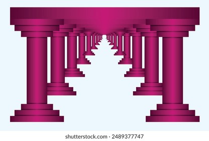 Gorgeous Roman corridor with columns and a glowing heavenly light at the end. Corridor top view. EPS vector illustration.