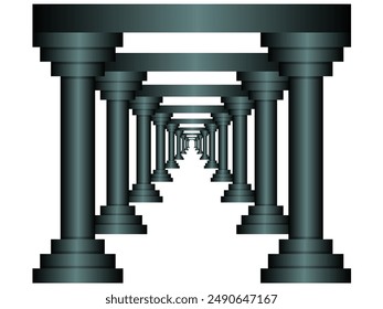 Gorgeous Roman corridor with columns and a glowing heavenly light at the end. Corridor with dark grey color isolated on white background. EPS editable file.