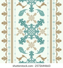 Gorgeous Royal Gold Viridian Blue Scroll Ornament Decoration Seamless Pattern. Elegance Delicate Great  Luxury Border Embroidery Ottoman Silk Weaves. Rich Wealth Grand Opulence on Pale Blue Background