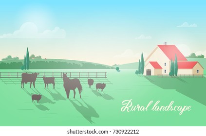 Gorgeous rural landscape with domestic animals grazing on meadow against wooden fence, farm building, green hills and clear sky on background. Beautiful pastoral scenery. Colorful vector illustration.