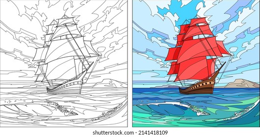 
Gorgeous sailboat on the waves. Scarlet Sails. Coloring, outline and color option. EPS 10