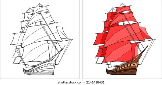 
Gorgeous sailboat. Scarlet Sails. Coloring, outline and color option. EPS 10