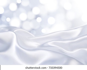 Gorgeous satin background, white fabric on bokeh glittering background in 3d illustration