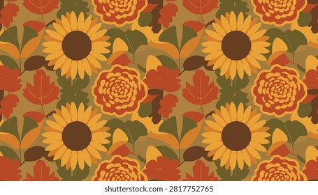 Gorgeous seamless autumn pattern showcasing yellow sunflowers, big orange dahlias, and colorful fall leaves on warm background.