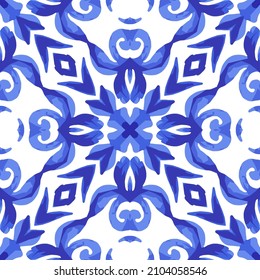 Gorgeous seamless Blue Abstract Vector Pattern. Geometric blue and white wall tile design mediterranean