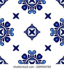 Gorgeous seamless Blue Ethnic Abstract Vector Pattern. Geometric blue and white wall tile design portuguese